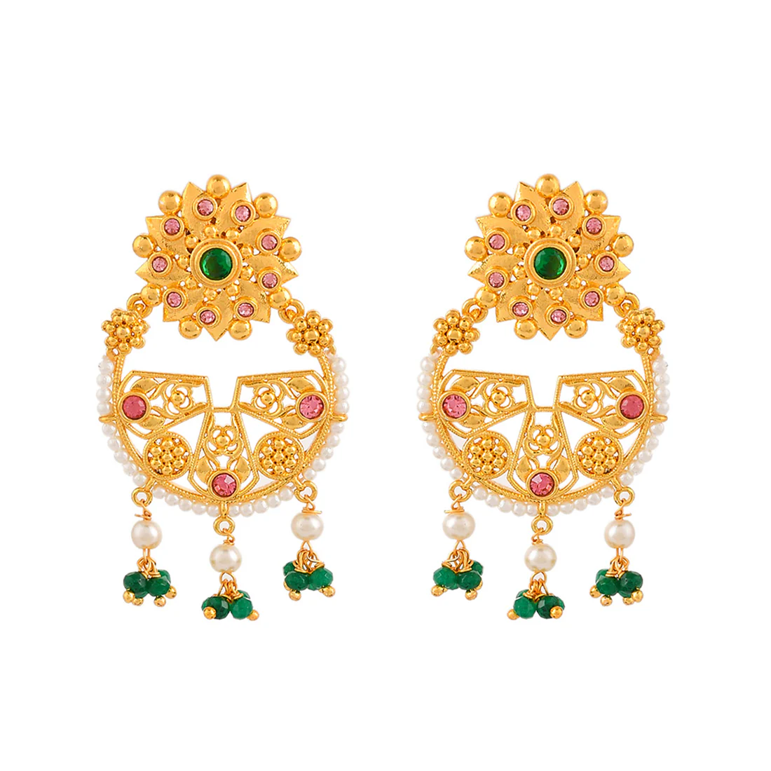 Abharan Green Stones and White Pearls Floral Earrings - Image 3