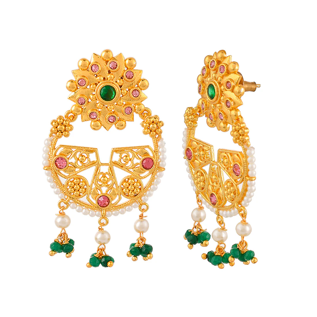 Abharan Green Stones and White Pearls Floral Earrings - Image 4