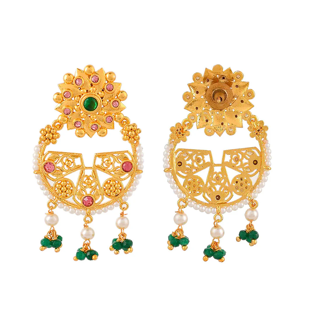Abharan Green Stones and White Pearls Floral Earrings - Image 5