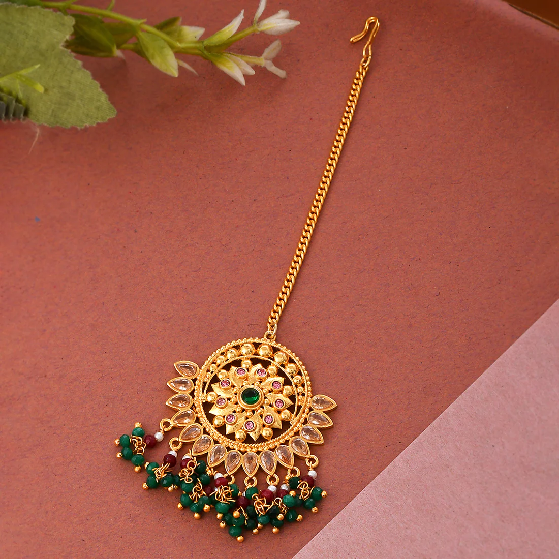 Abharan Green Stones Round Maang Tika