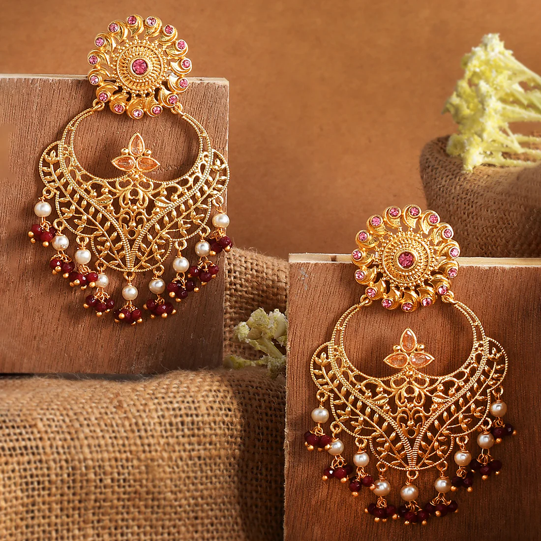Abharan Jaali Design White Pearls Ethnic Earrings