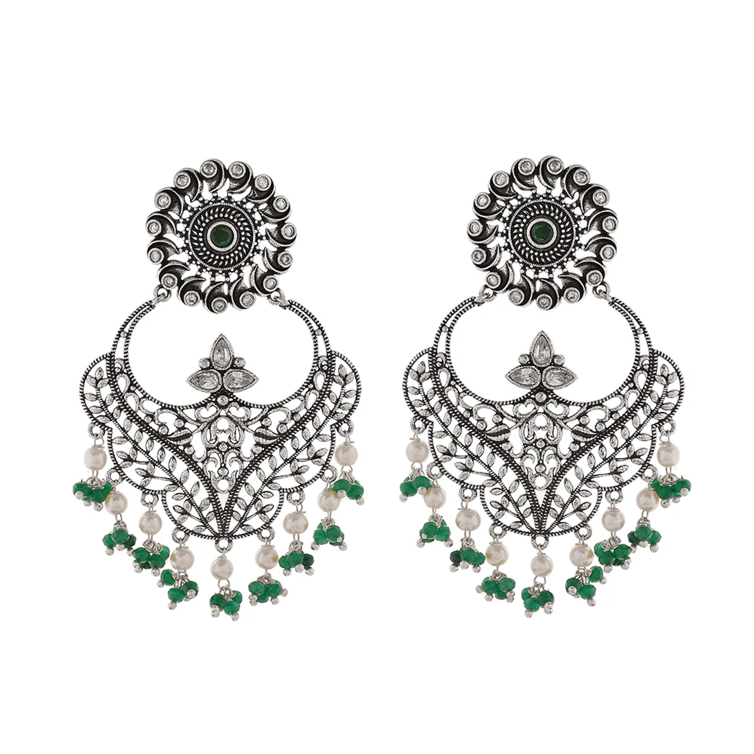 Abharan Jaali Pattern Green Stones and White Pearls Earrings - Image 3