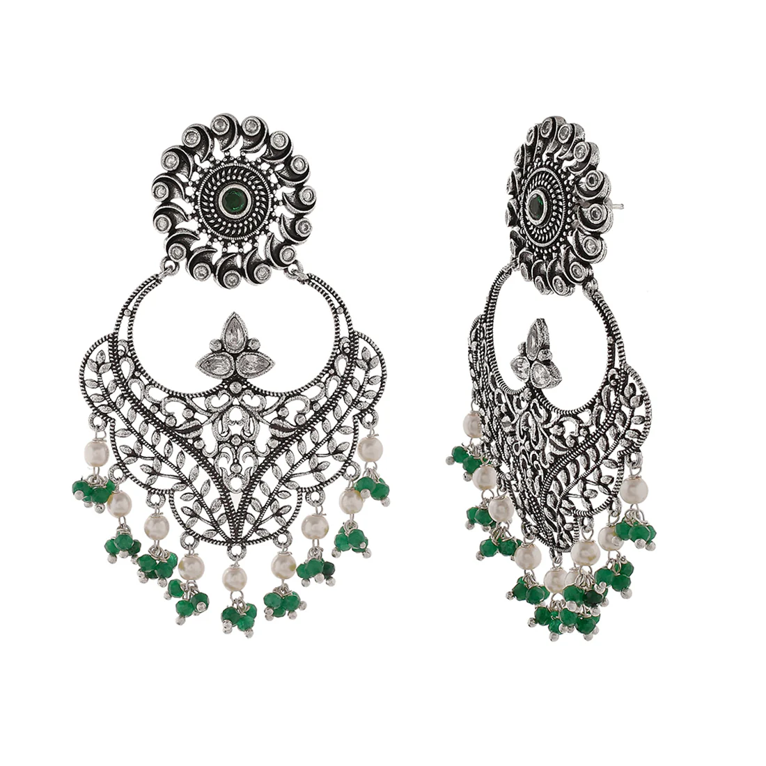Abharan Jaali Pattern Green Stones and White Pearls Earrings - Image 4
