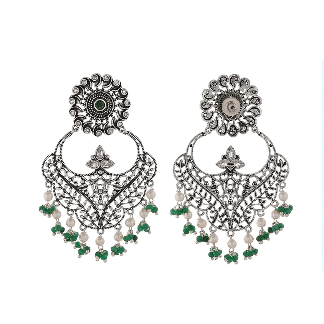 Abharan Jaali Pattern Green Stones and White Pearls Earrings - Image 5
