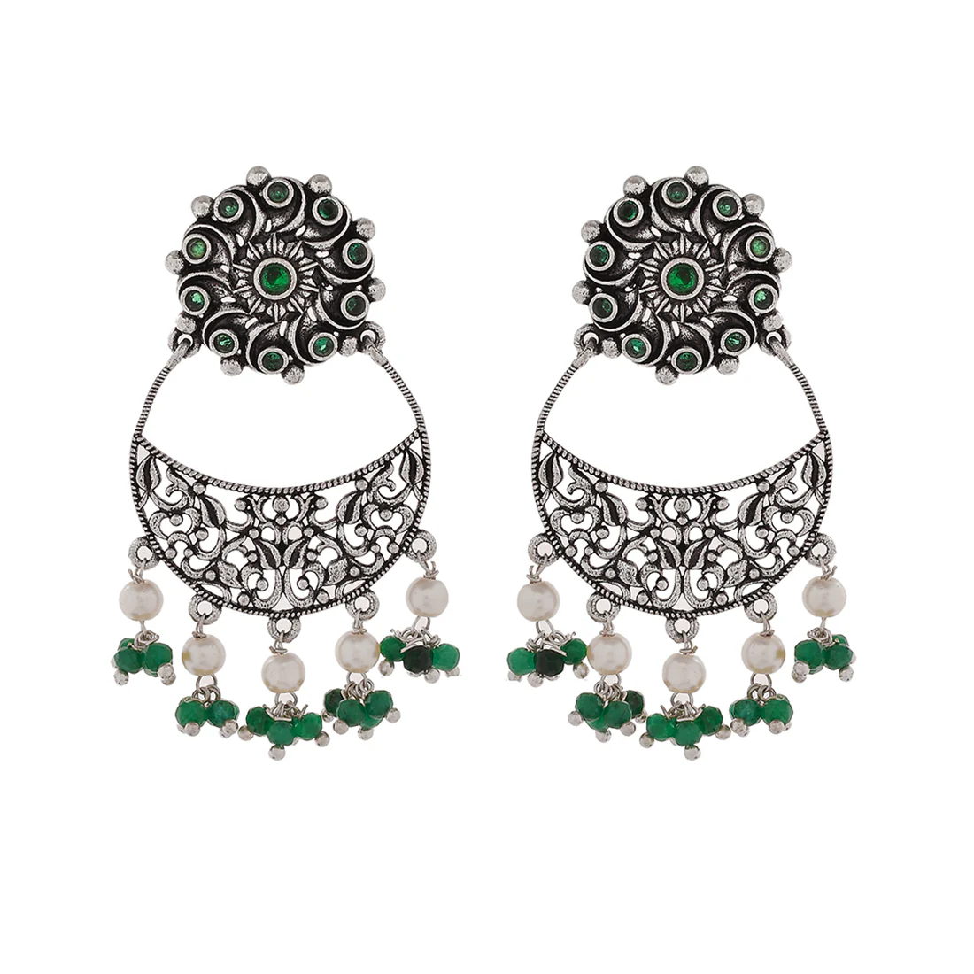 Abharan Jaali Pattern White Pearls and Green Stones Earrings - Image 3