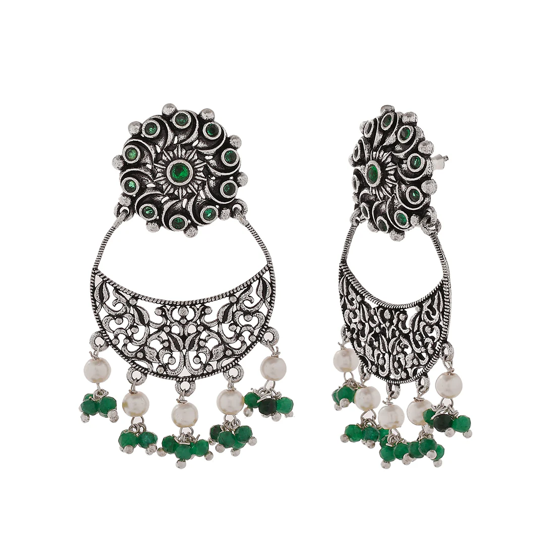 Abharan Jaali Pattern White Pearls and Green Stones Earrings - Image 4