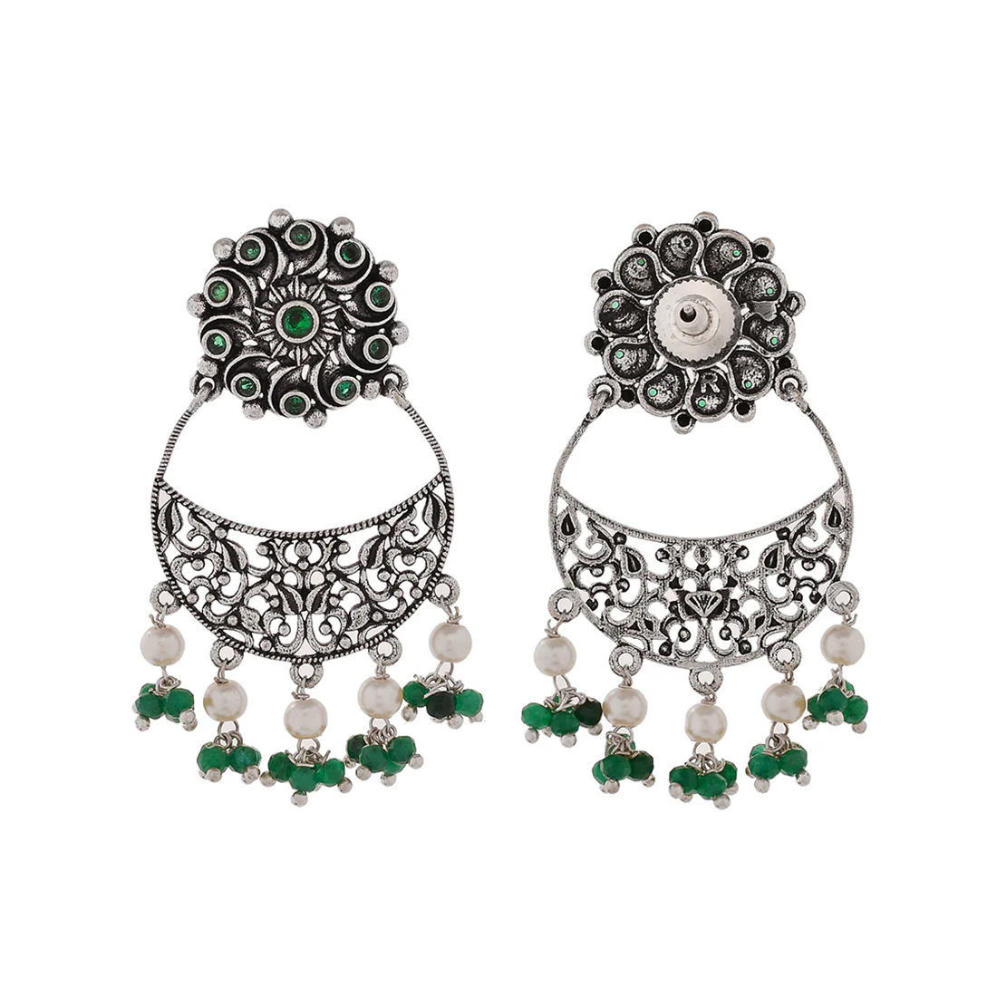 Abharan Jaali Pattern White Pearls and Green Stones Earrings - Image 5