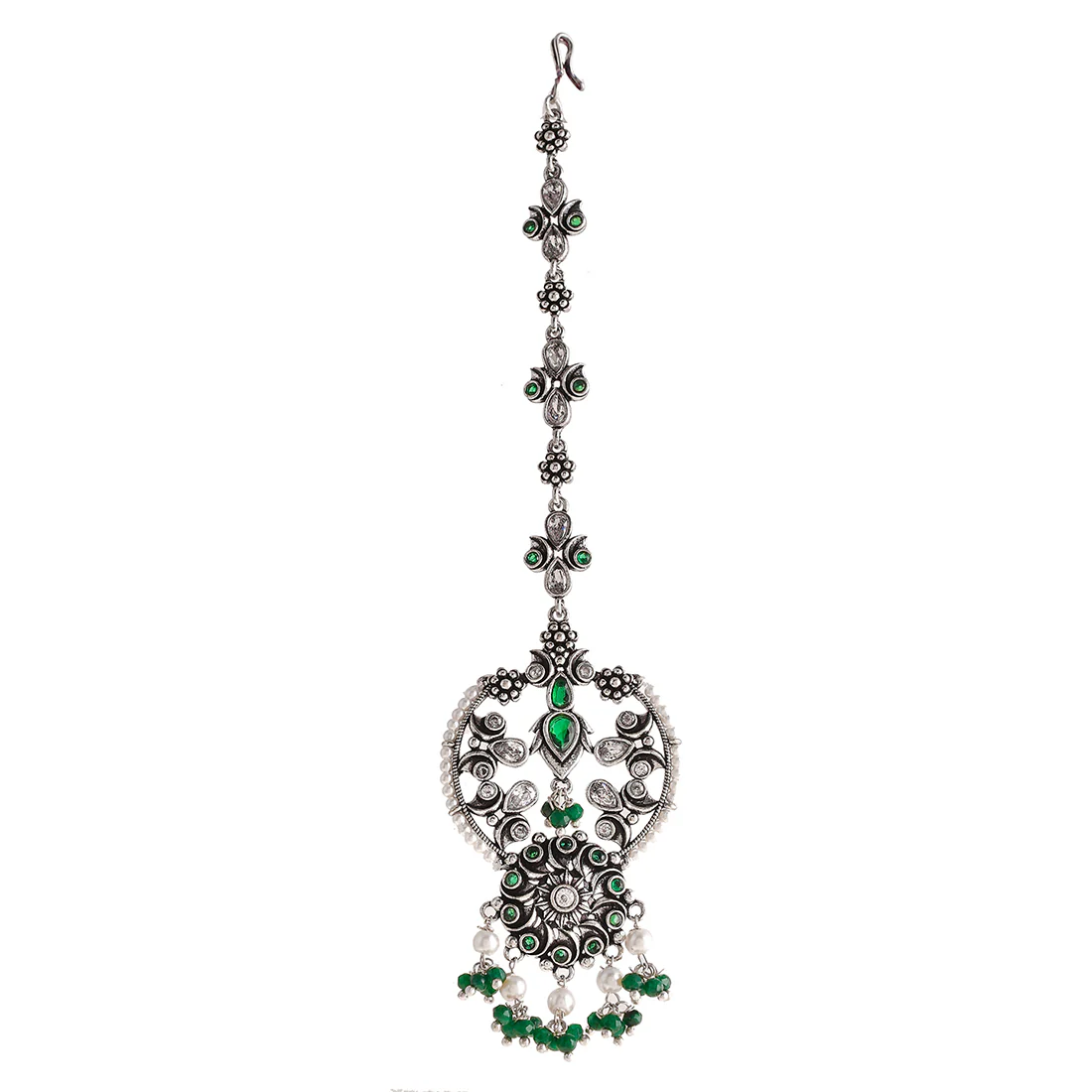 Abharan Opulent White and Green Stones Maang Tika - Image 3