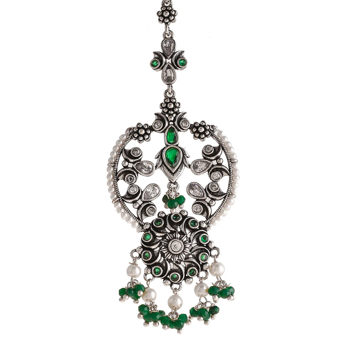 Abharan Opulent White and Green Stones Maang Tika - Image 4