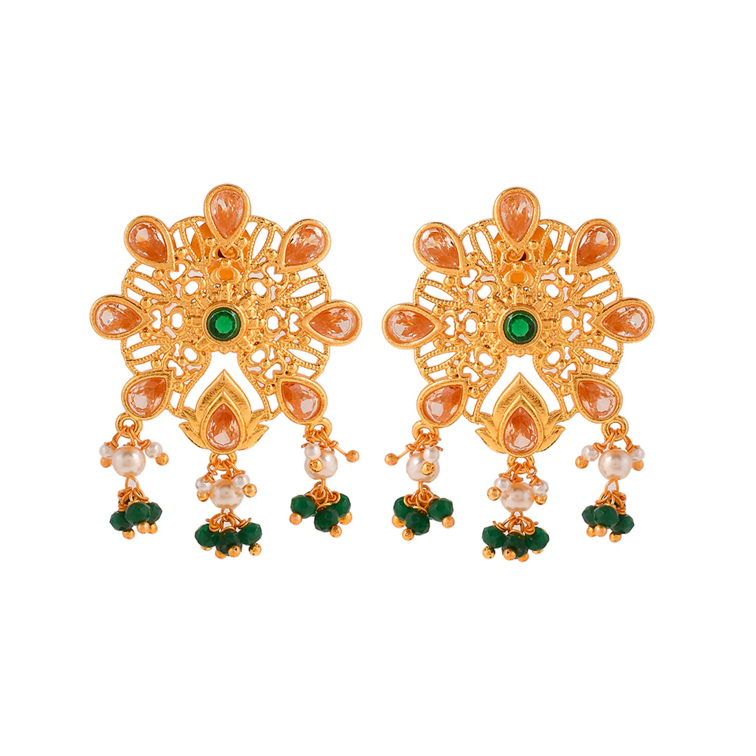 Abharan Pink and Green Stones Floral Stud Earrings - Image 3