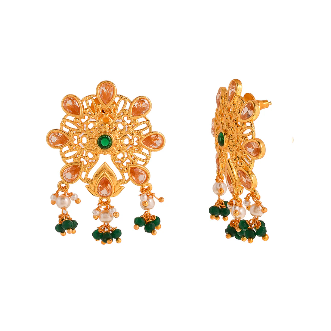 Abharan Pink and Green Stones Floral Stud Earrings - Image 4