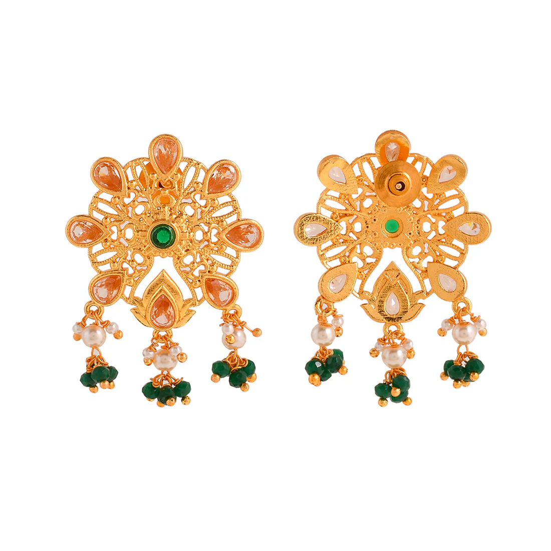 Abharan Pink and Green Stones Floral Stud Earrings - Image 5