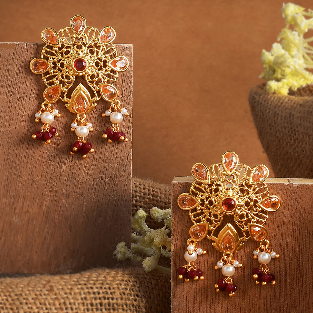 Abharan Pink and Red Stones Floral Stud Earrings