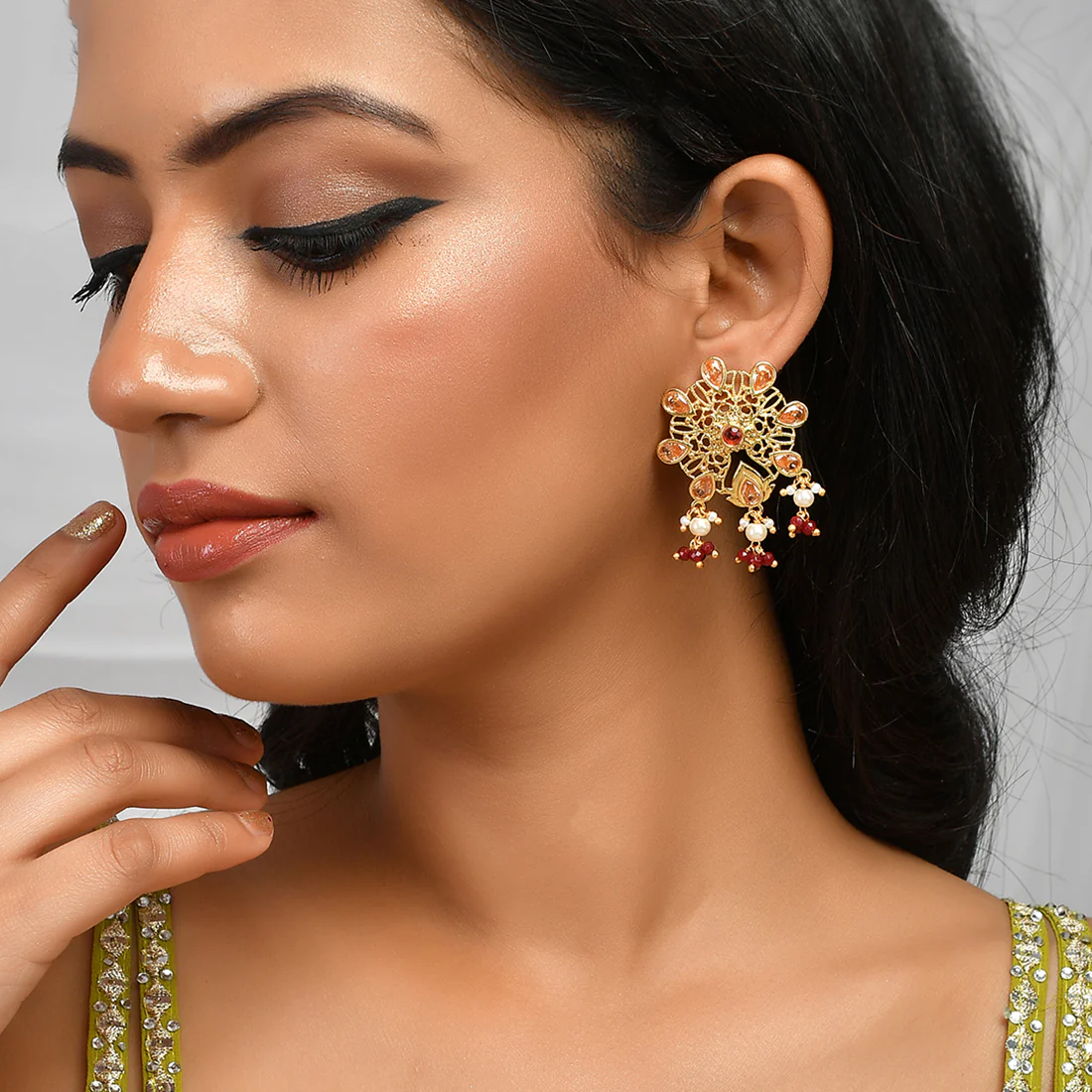 Abharan Pink and Red Stones Floral Stud Earrings - Image 2