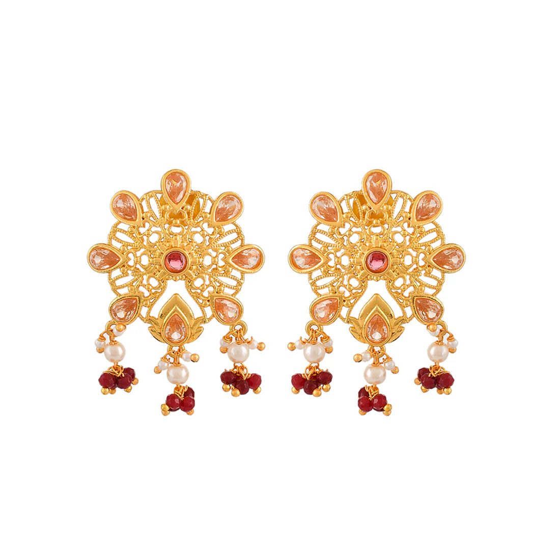 Abharan Pink and Red Stones Floral Stud Earrings - Image 3