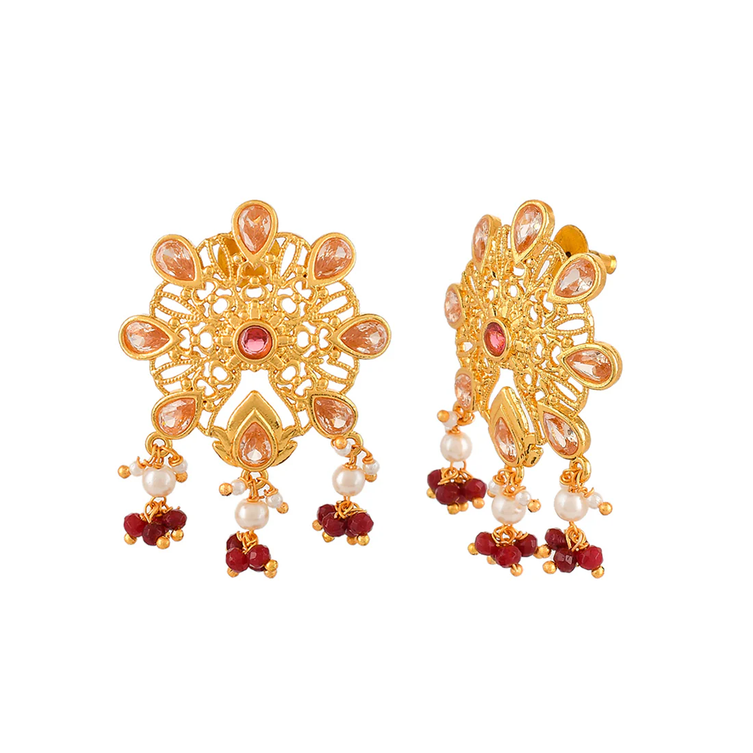 Abharan Pink and Red Stones Floral Stud Earrings - Image 4