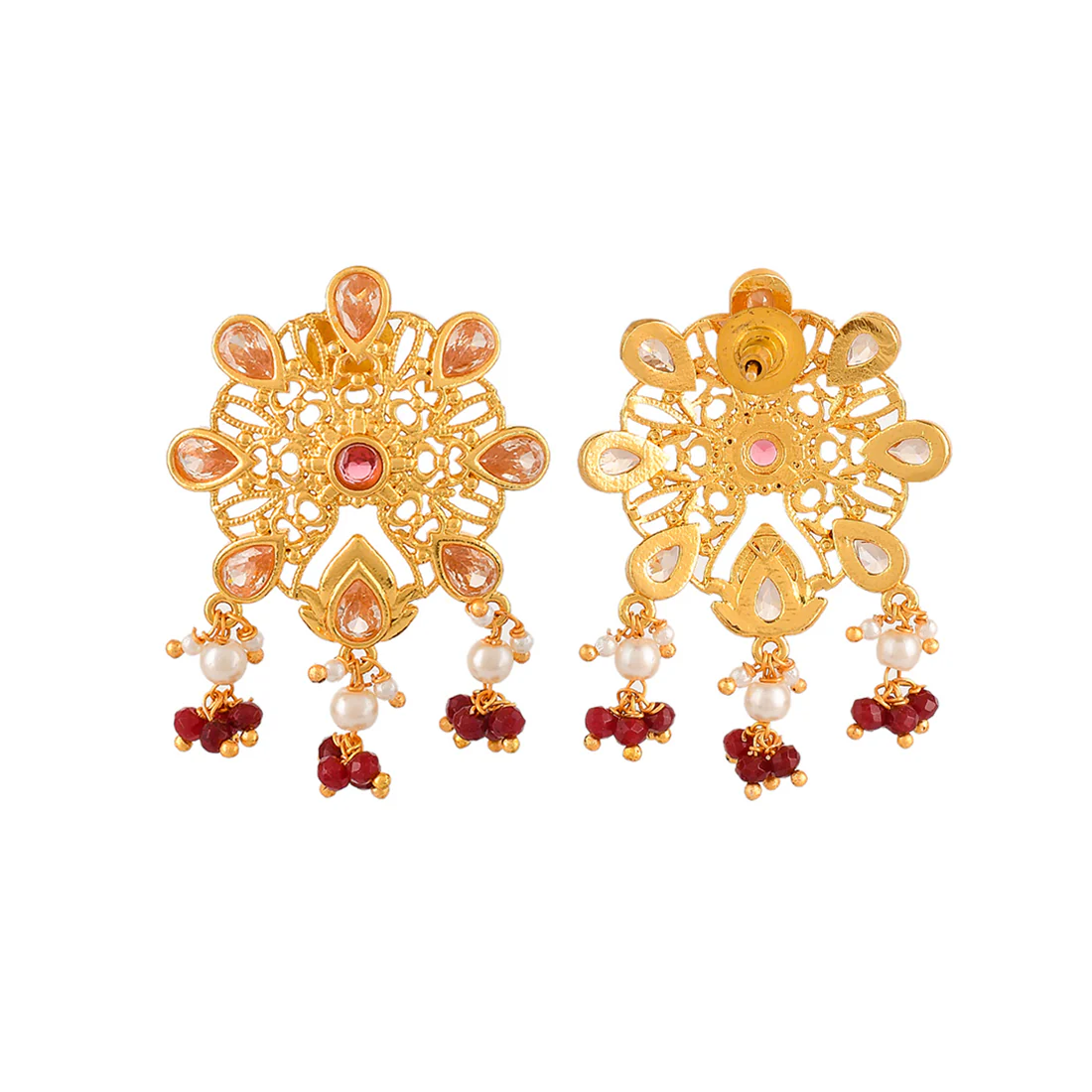 Abharan Pink and Red Stones Floral Stud Earrings - Image 5