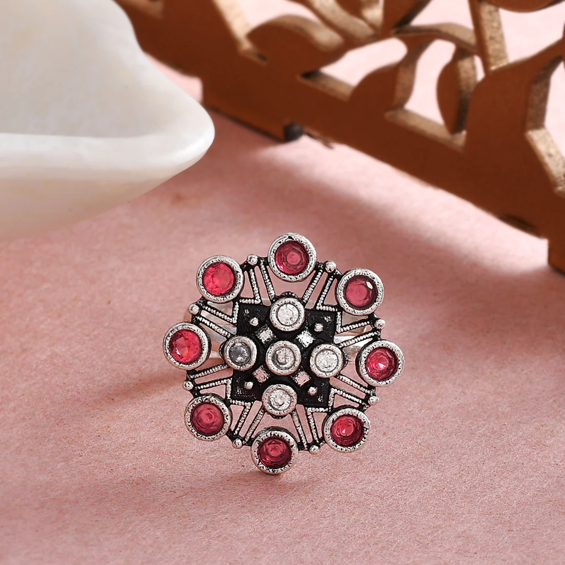Abharan Pink Round Cut Stones Floral Ring