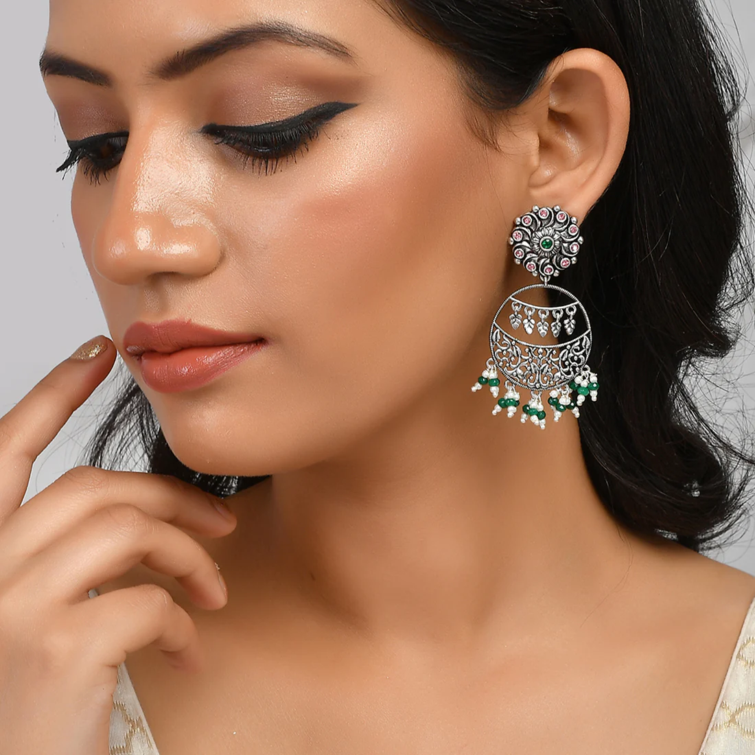 Abharan Pink Stones and Pearls Drop Earrings - Image 2