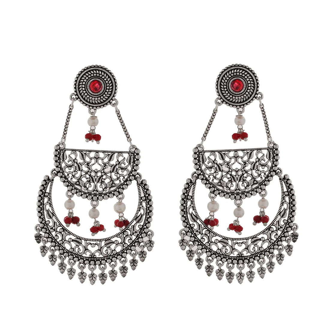 Abharan Pink Stones and Pearls Layered Drop Earrings - Image 3