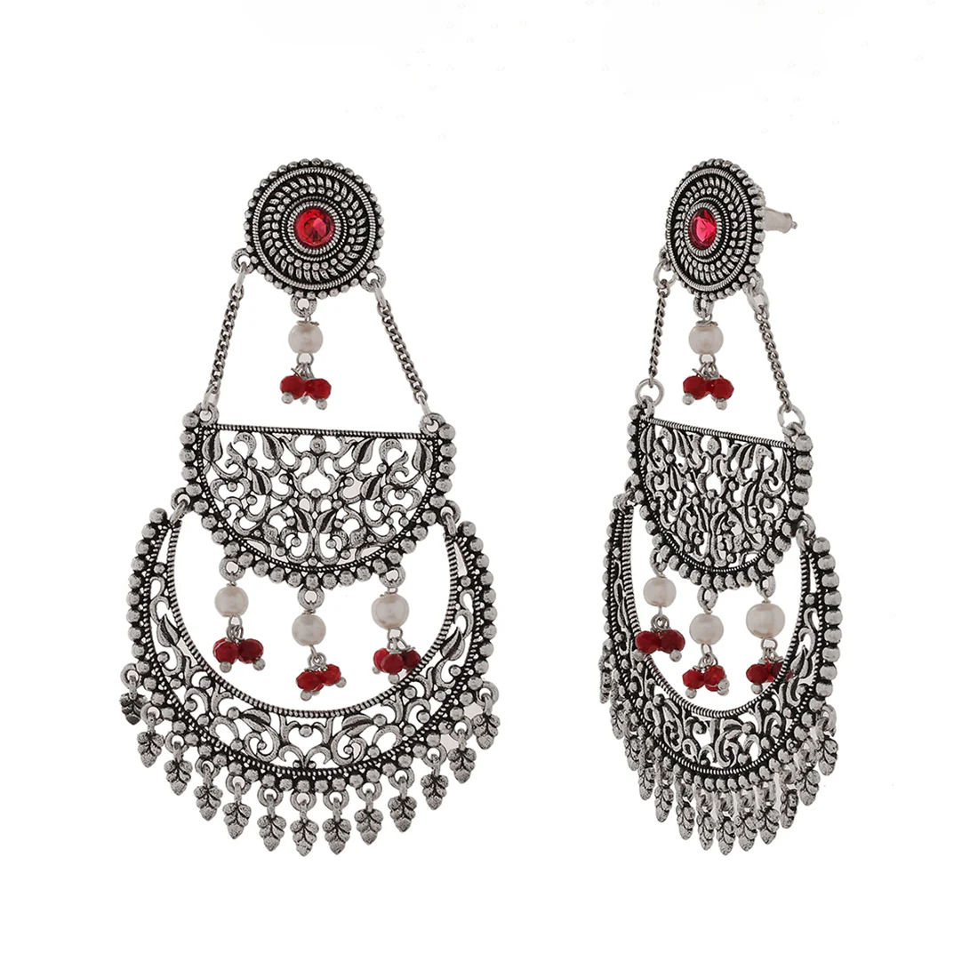 Abharan Pink Stones and Pearls Layered Drop Earrings - Image 4