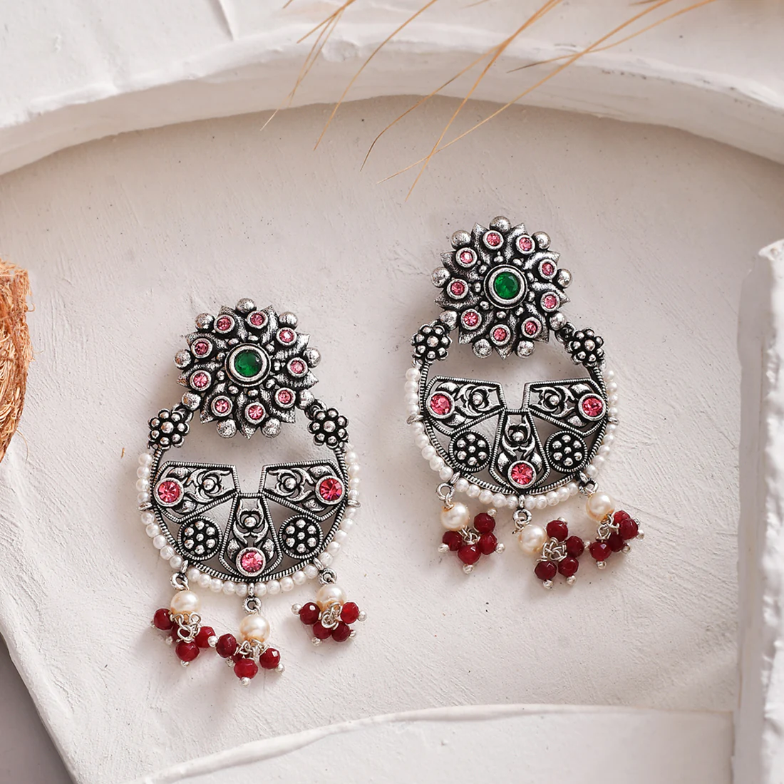 Abharan Pink Stones and White Pearls Floral Earrings