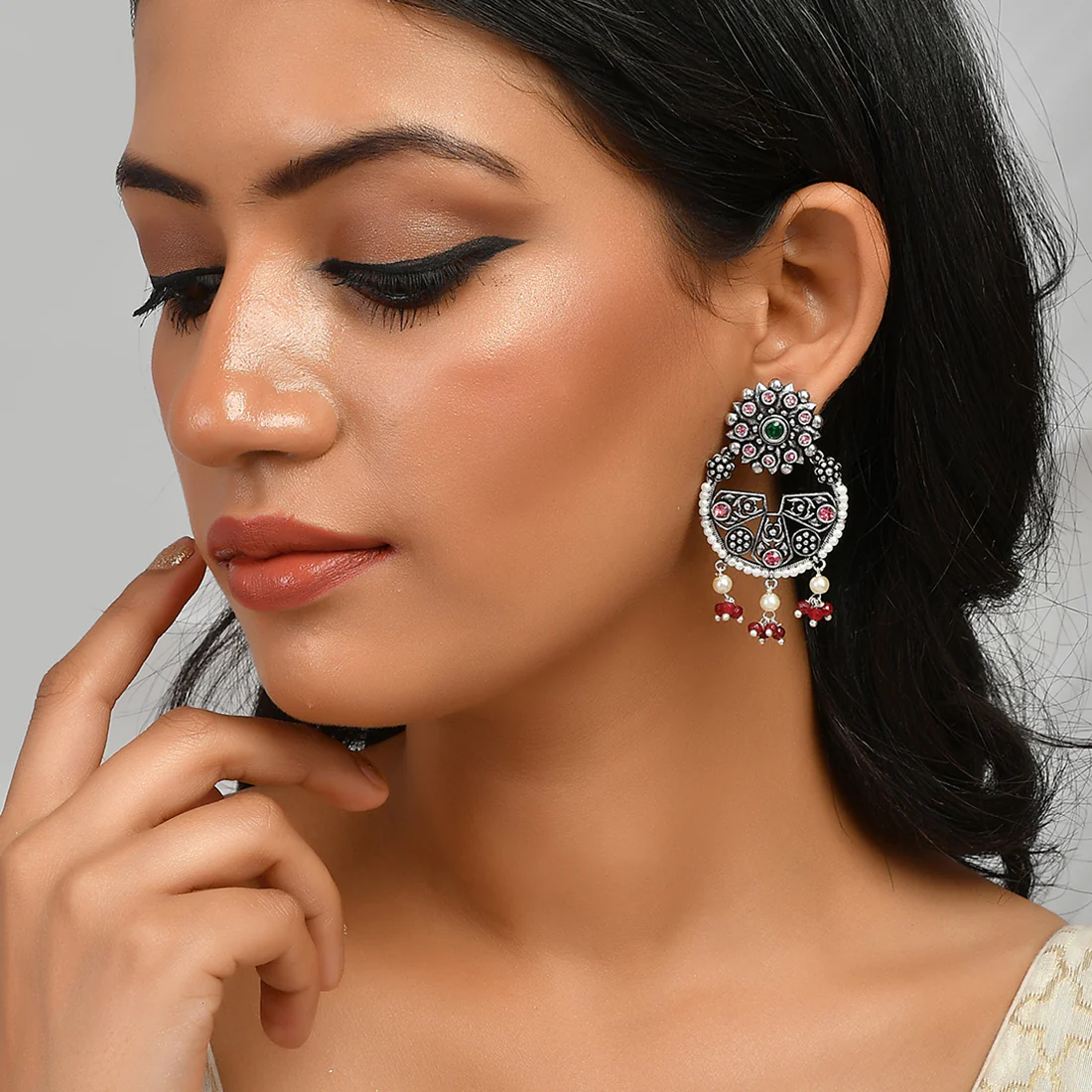 Abharan Pink Stones and White Pearls Floral Earrings - Image 2