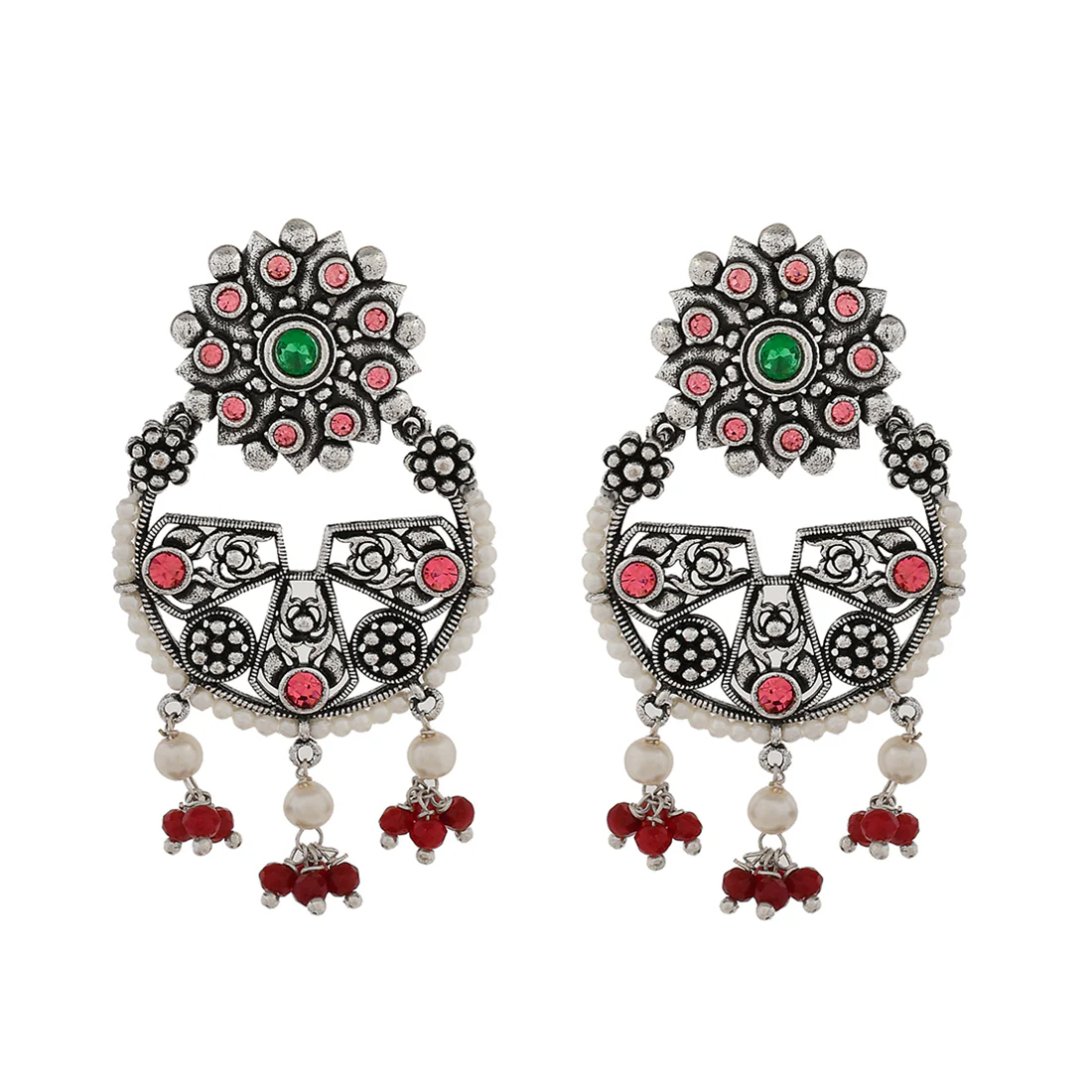 Abharan Pink Stones and White Pearls Floral Earrings - Image 3
