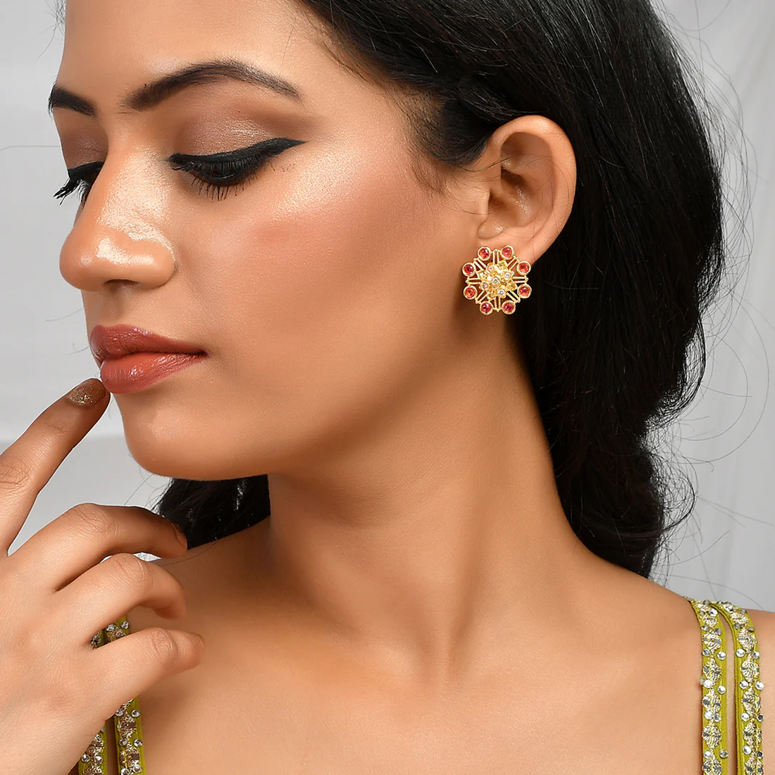 Abharan Pink Stones Floral Stud Earrings - Image 2