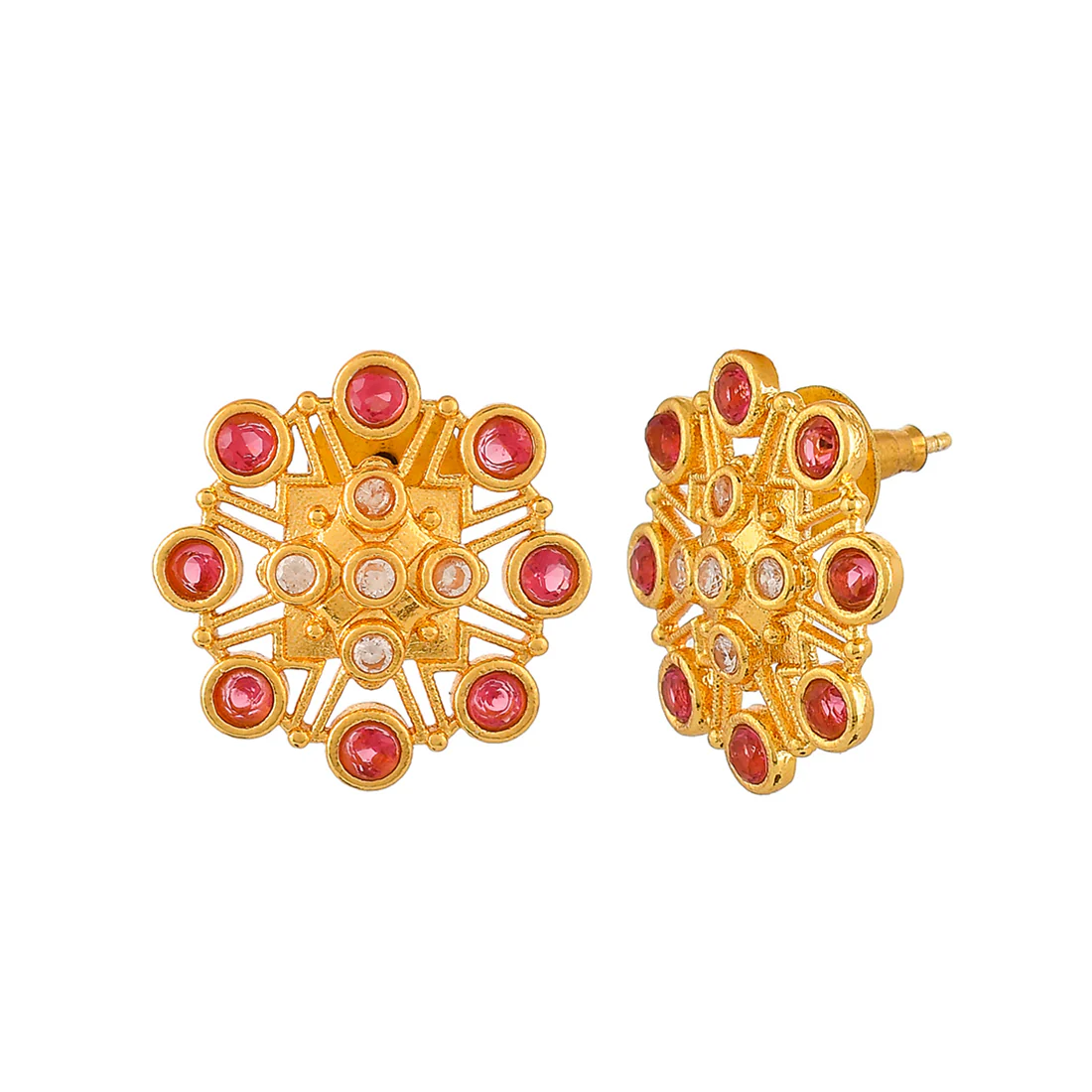 Abharan Pink Stones Floral Stud Earrings - Image 4