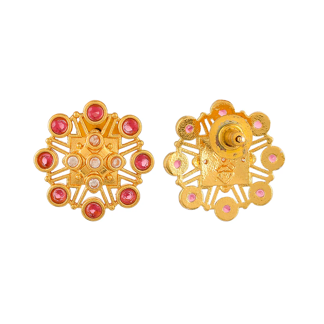 Abharan Pink Stones Floral Stud Earrings - Image 5