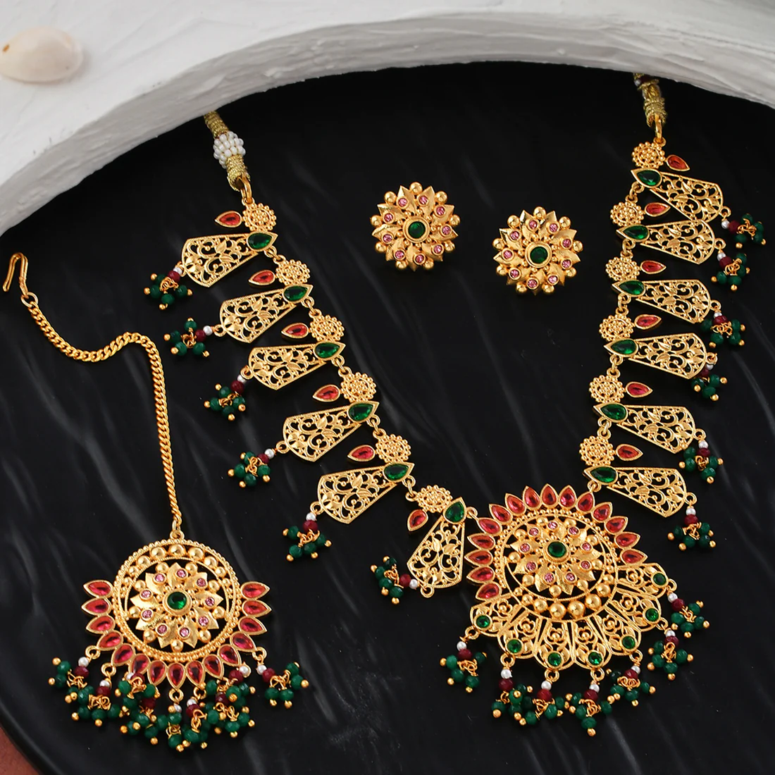 Abharan Red and Green Stones and Pearls Opulent Jewellery Set