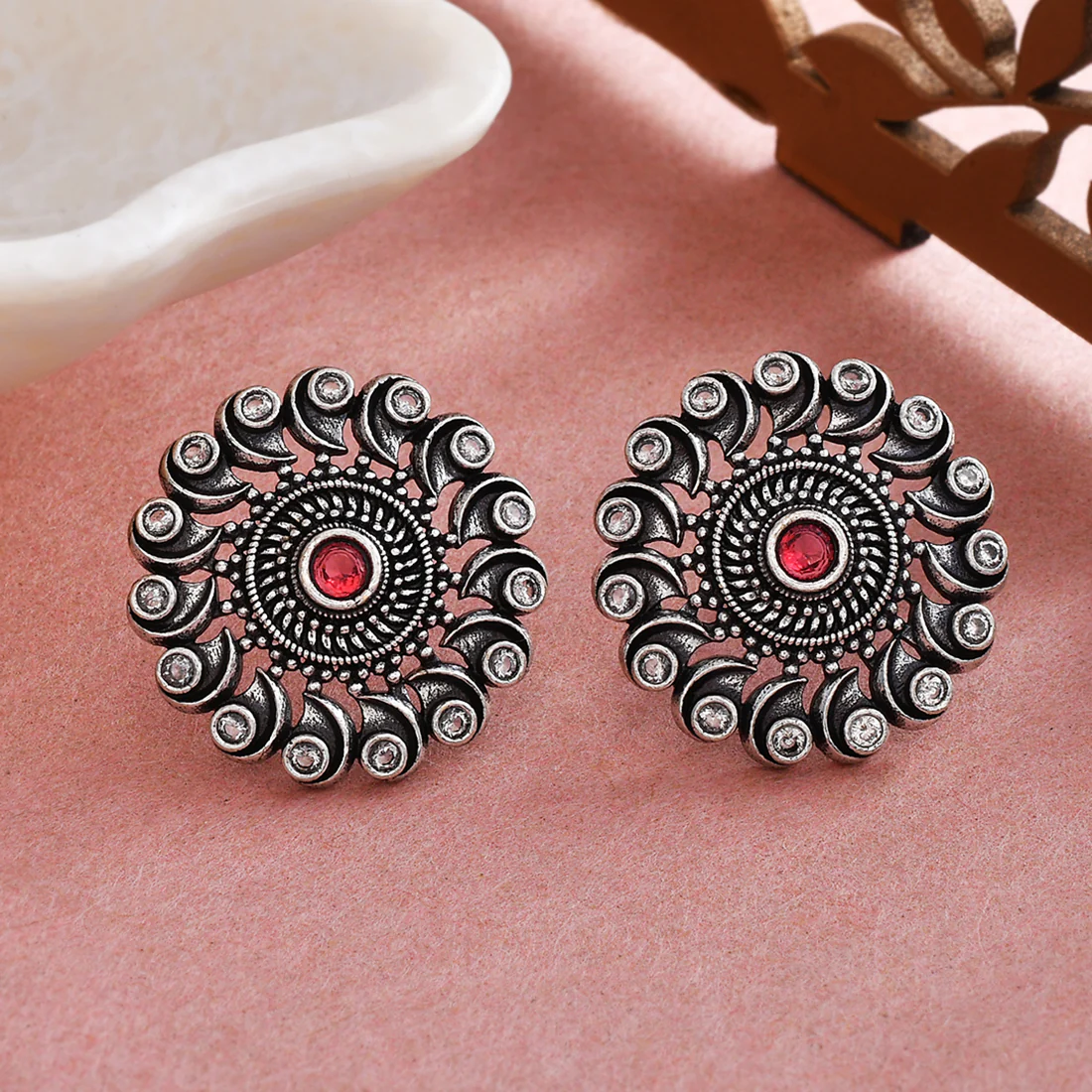 Abharan Red and White Round Cut Stones Stud Earrings