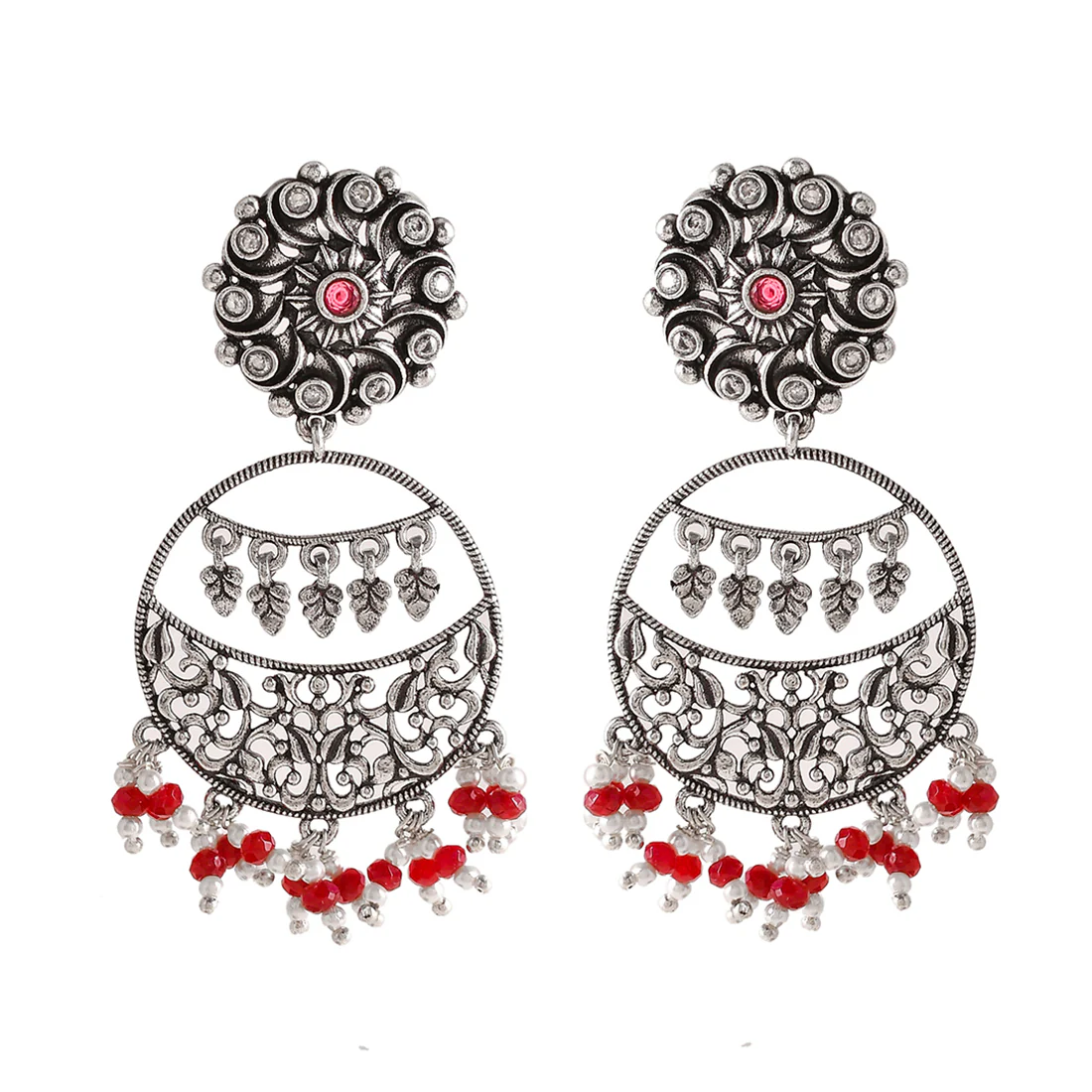 Abharan Red and White Stones and Pearls Drop Earrings - Image 3