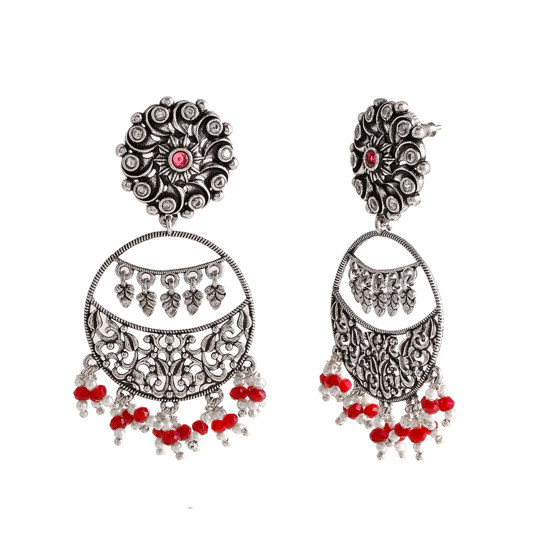 Abharan Red and White Stones and Pearls Drop Earrings - Image 4