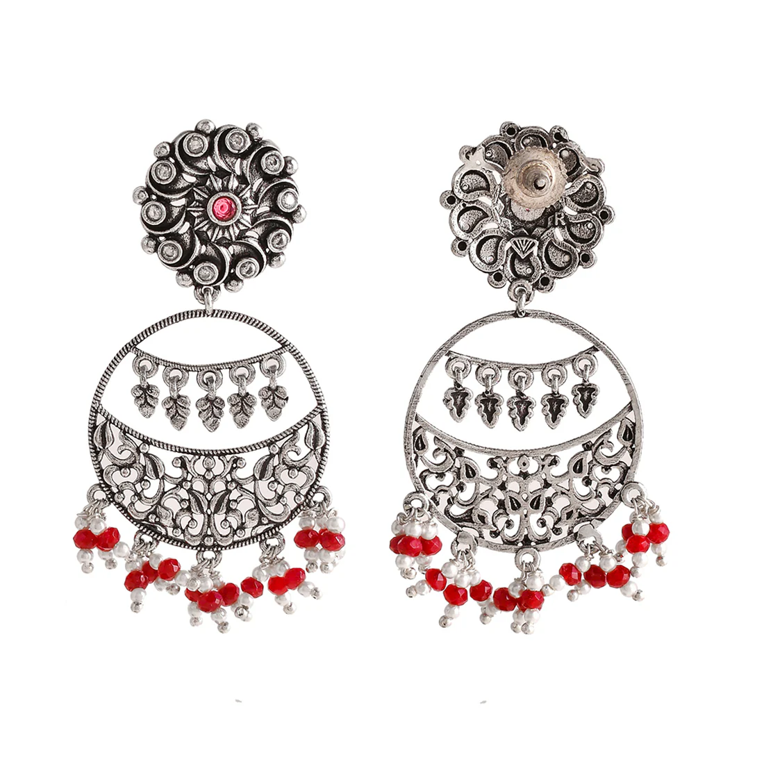Abharan Red and White Stones and Pearls Drop Earrings - Image 5