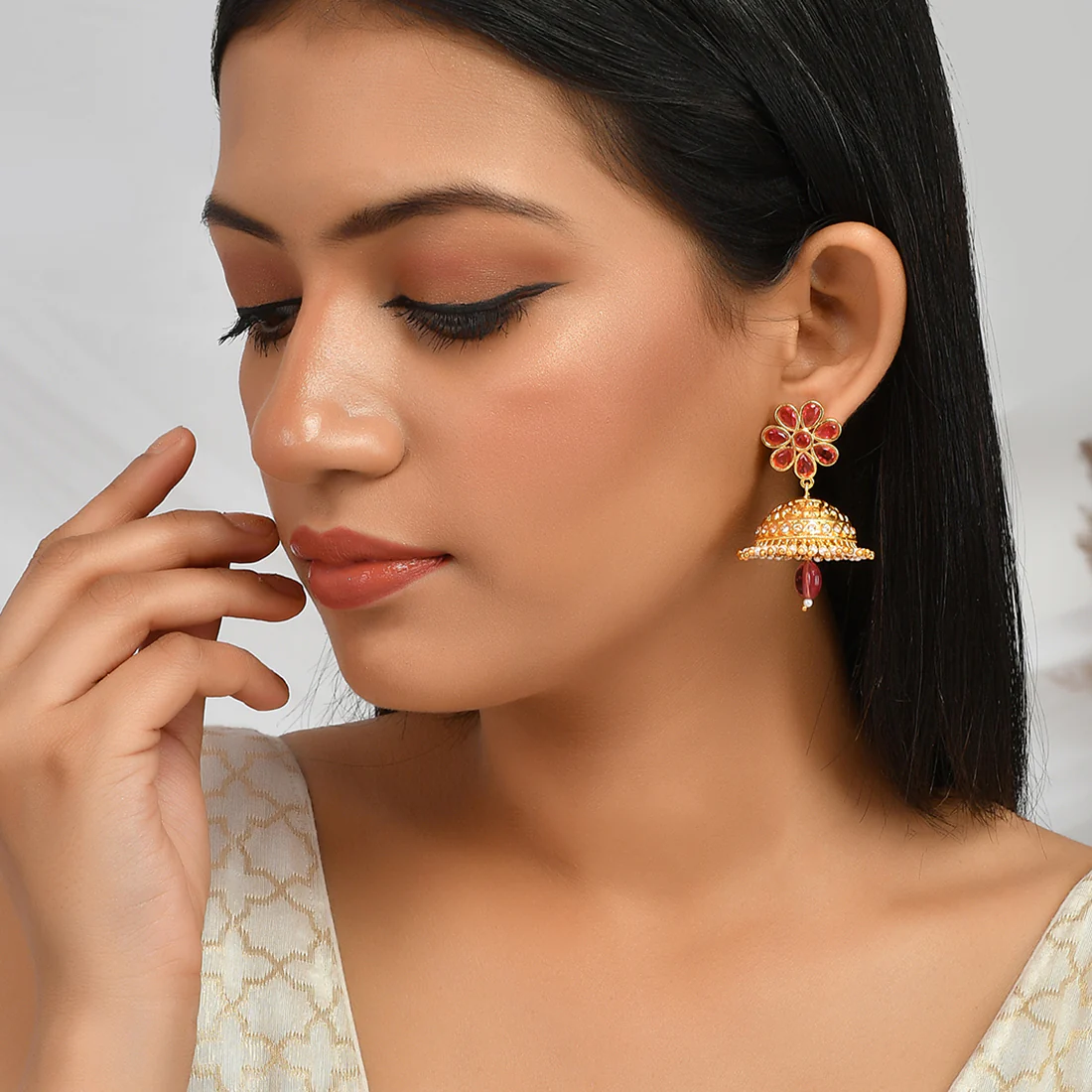 Abharan Red Stones and Pearls Floral Jhumka Earrings - Image 2