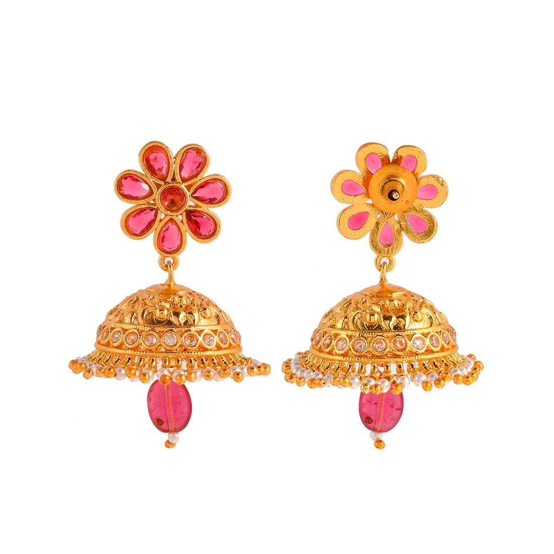 Abharan Red Stones and Pearls Floral Jhumka Earrings - Image 5