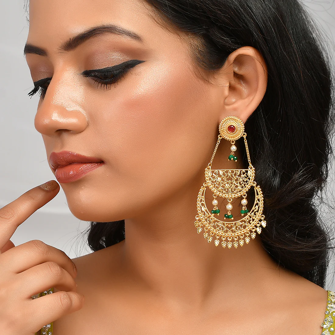 Abharan Red Stones and Pearls Layered Ethnic Drop Earrings - Image 2