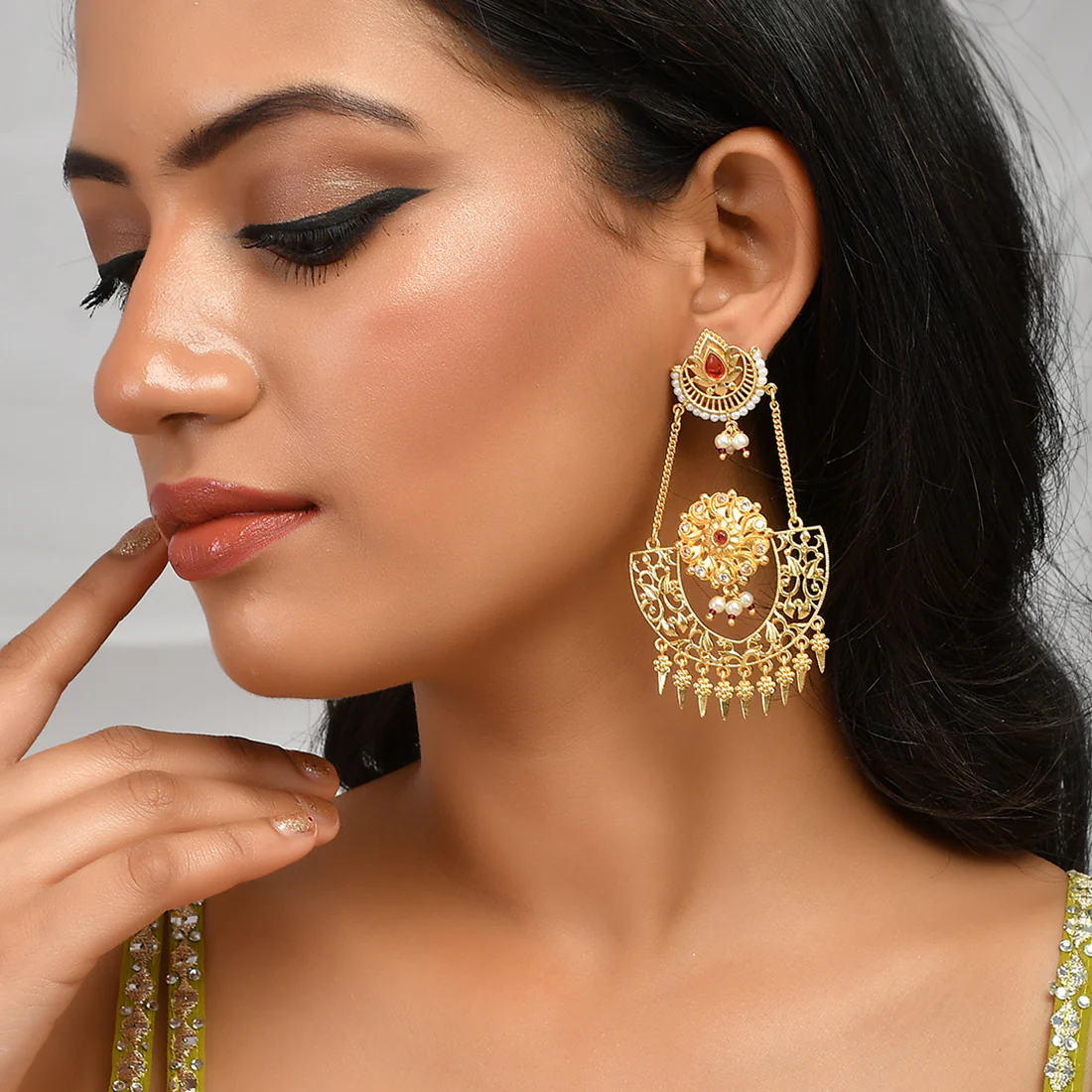 Abharan Red Stones and Pearls Opulent Drop Earrings - Image 2