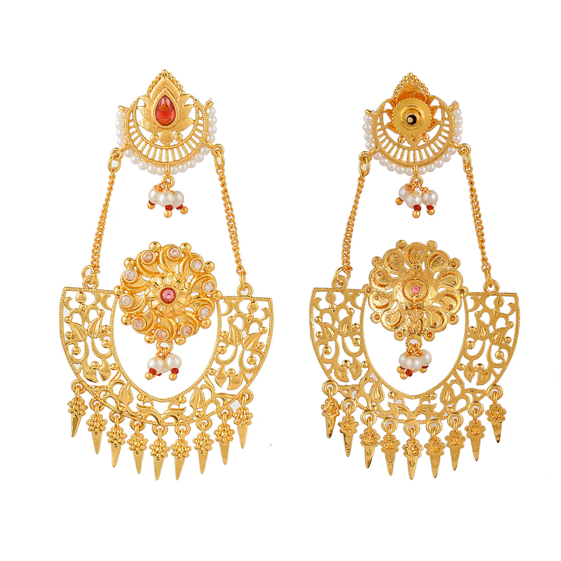 Abharan Red Stones and Pearls Opulent Drop Earrings - Image 5