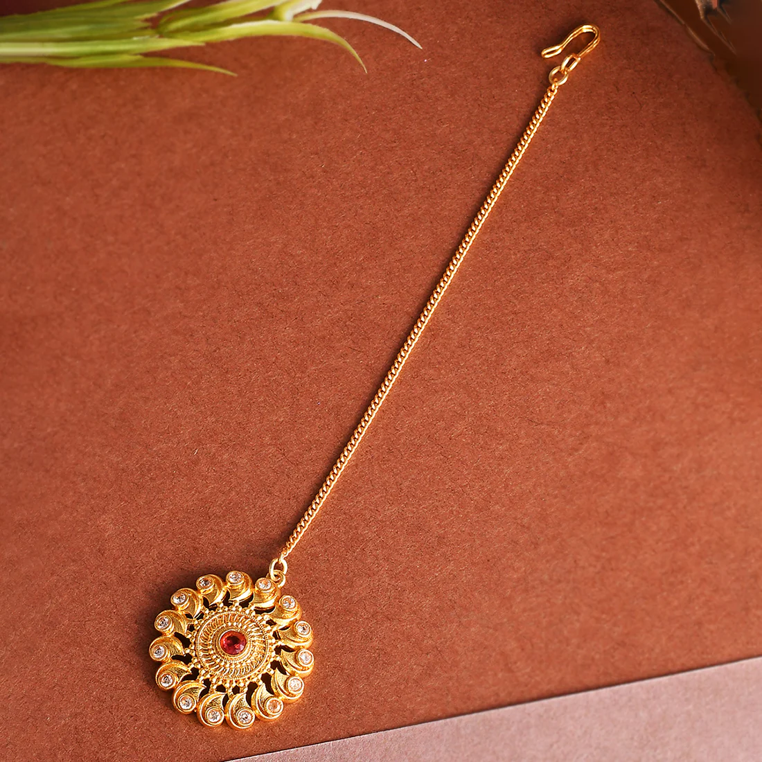 Abharan Red Stones Floral Maang Tika
