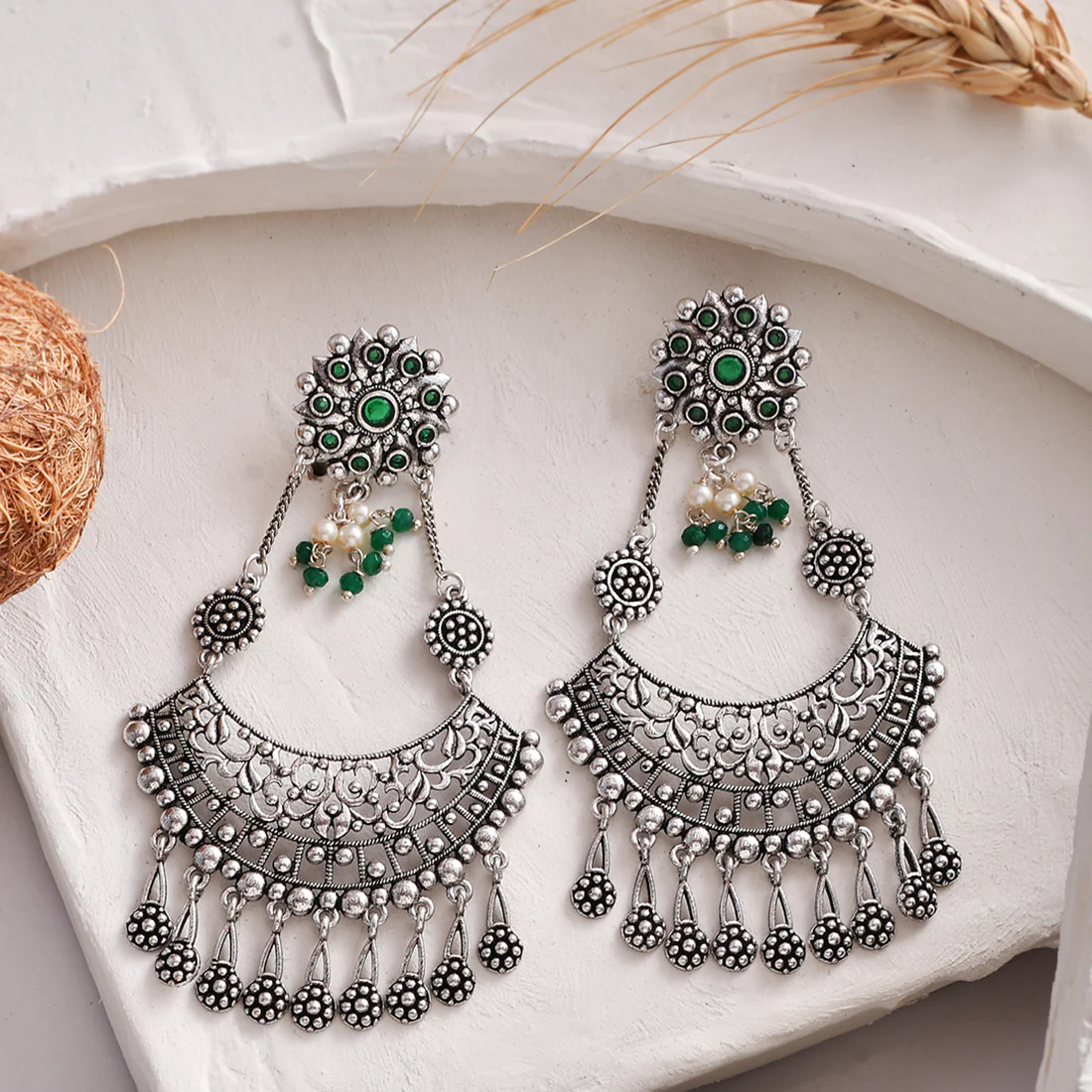 Abharan Round Cut Green Stones and Pearls Drop Earrings