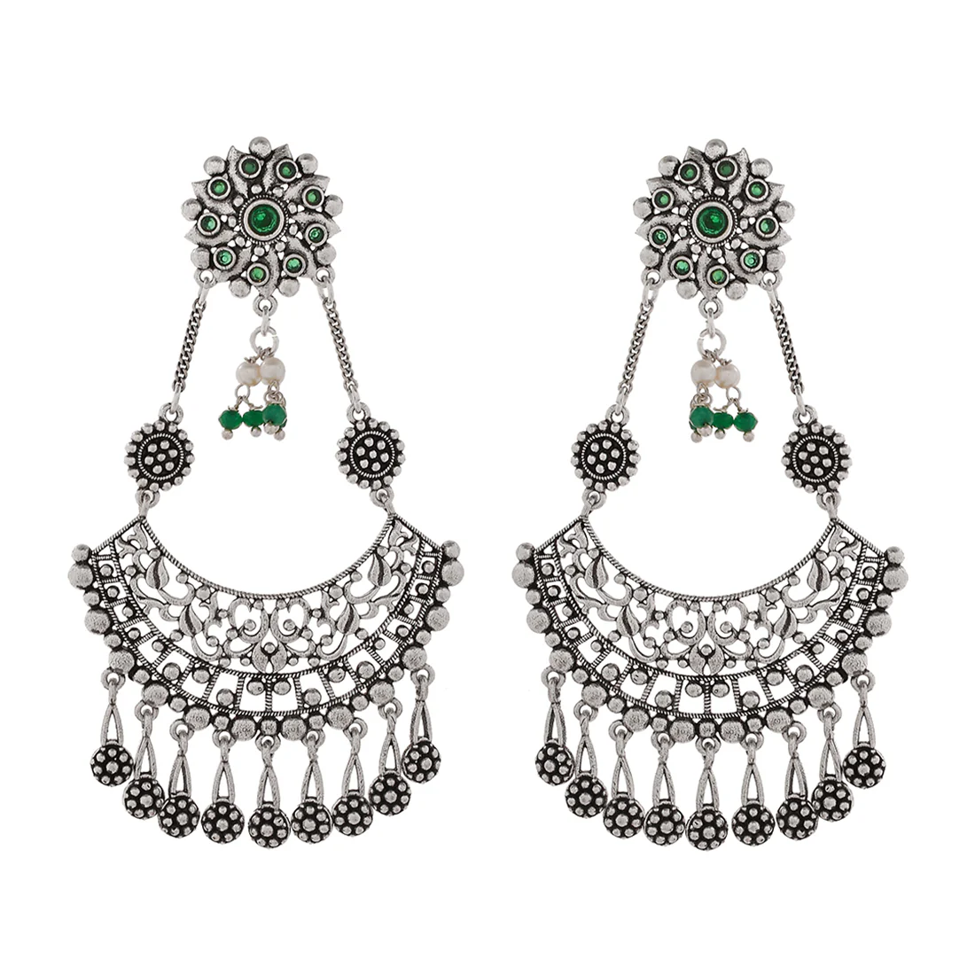 Abharan Round Cut Green Stones and Pearls Drop Earrings - Image 3