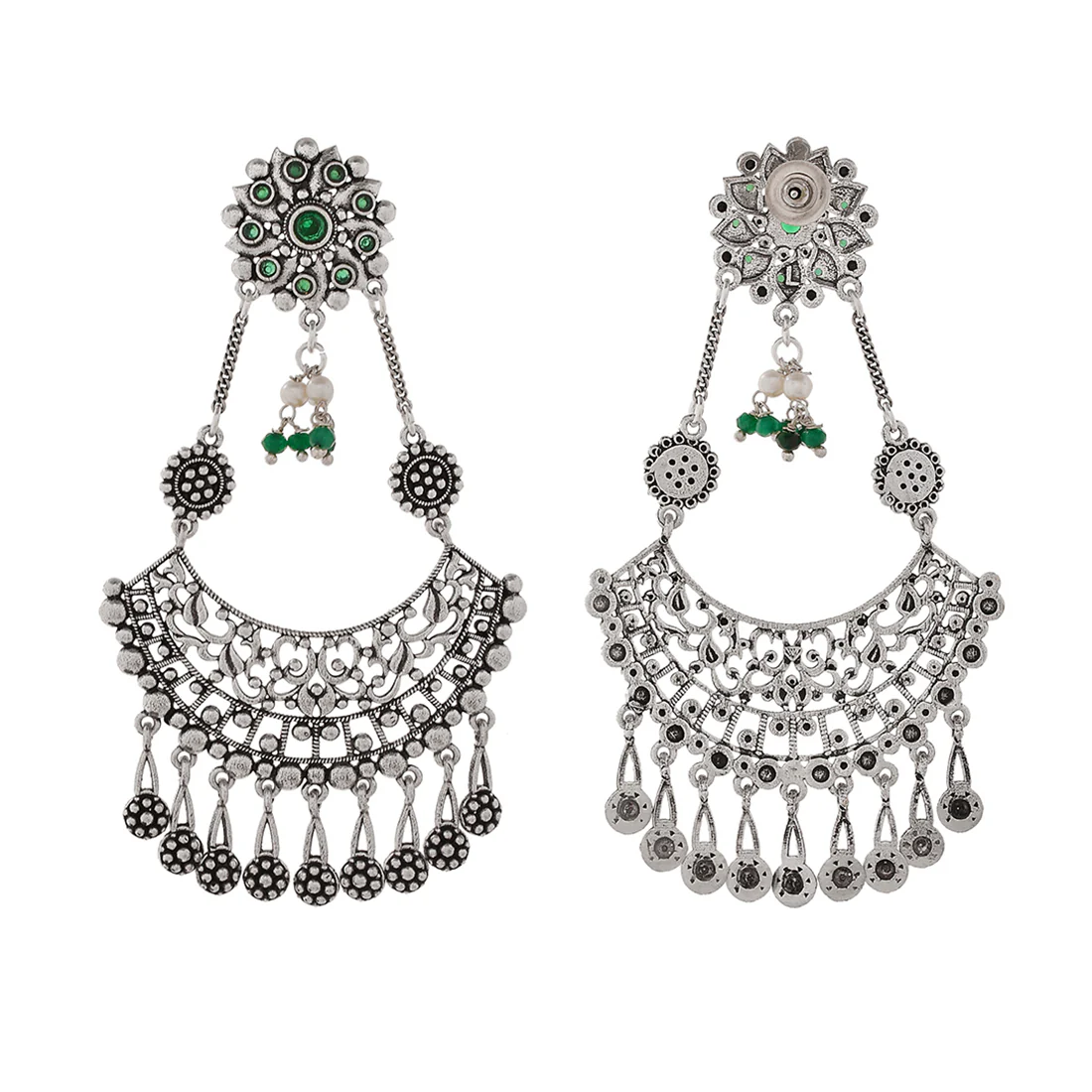 Abharan Round Cut Green Stones and Pearls Drop Earrings - Image 5