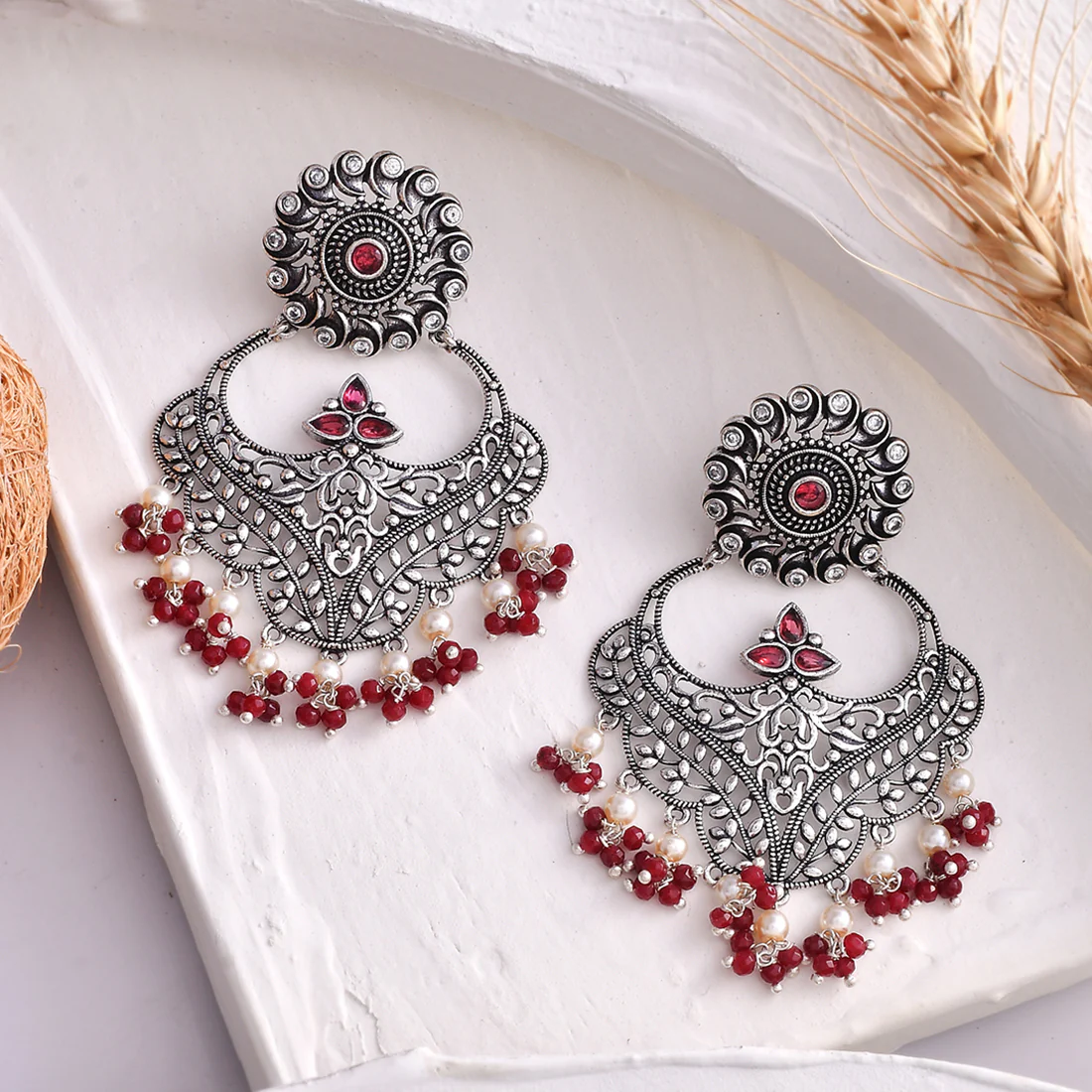 Abharan Round Cut Red and White Stones and Pearls Ethnic Earrings