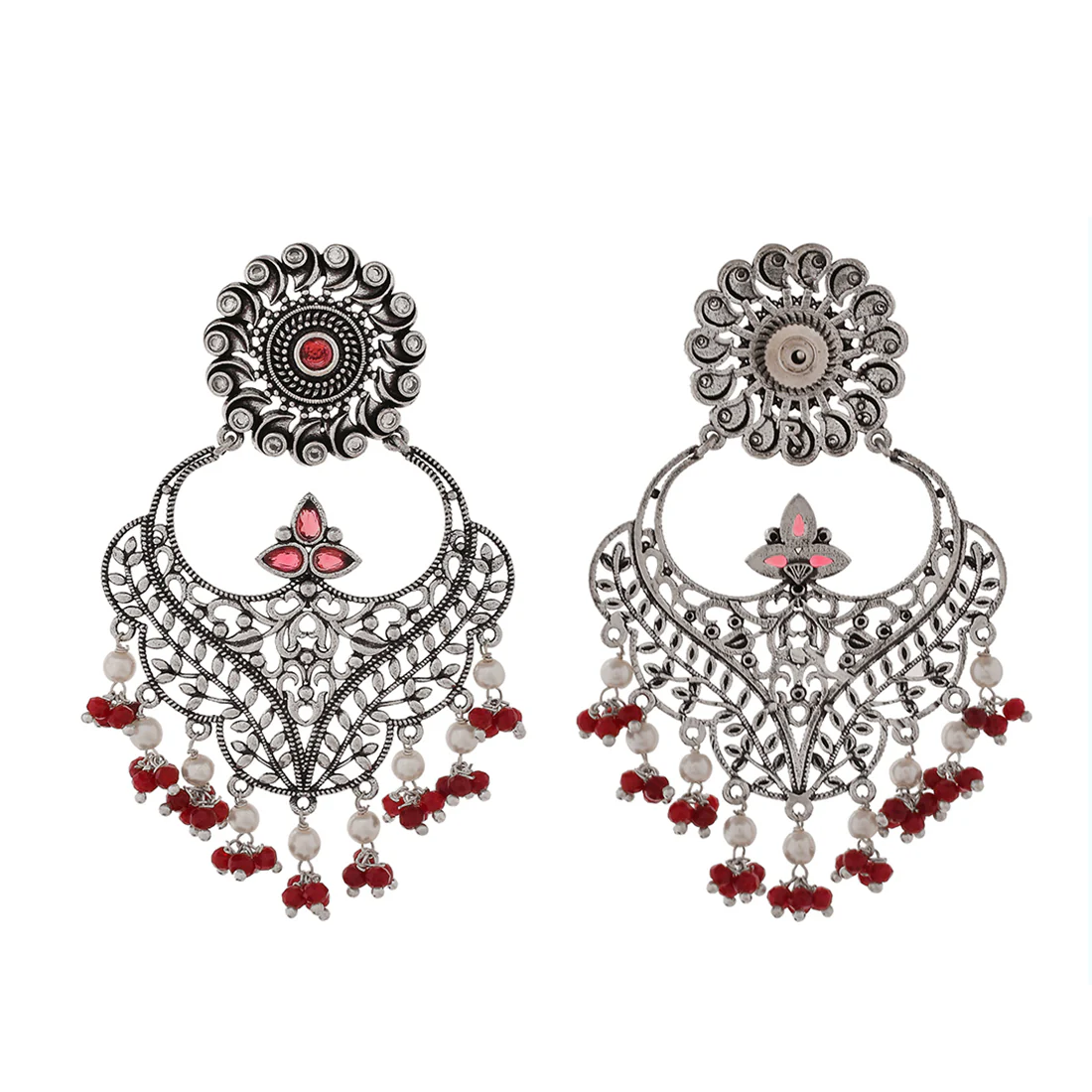 Abharan Round Cut Red and White Stones and Pearls Ethnic Earrings - Image 5