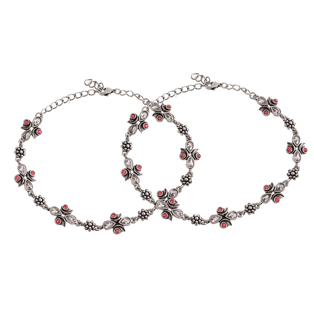 Abharan Silver Plated Pink and White Stones Anklets - Image 3