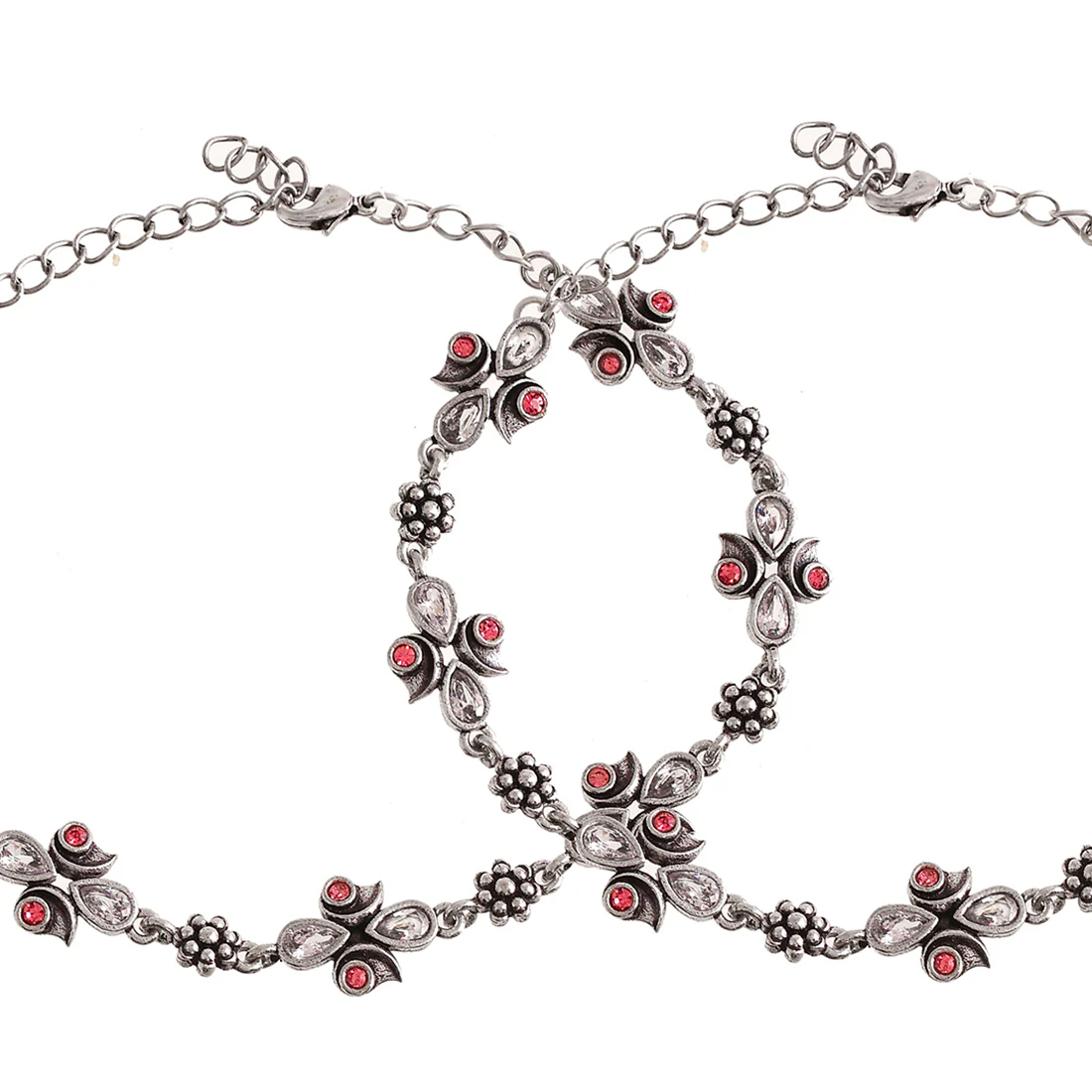 Abharan Silver Plated Pink and White Stones Anklets - Image 4