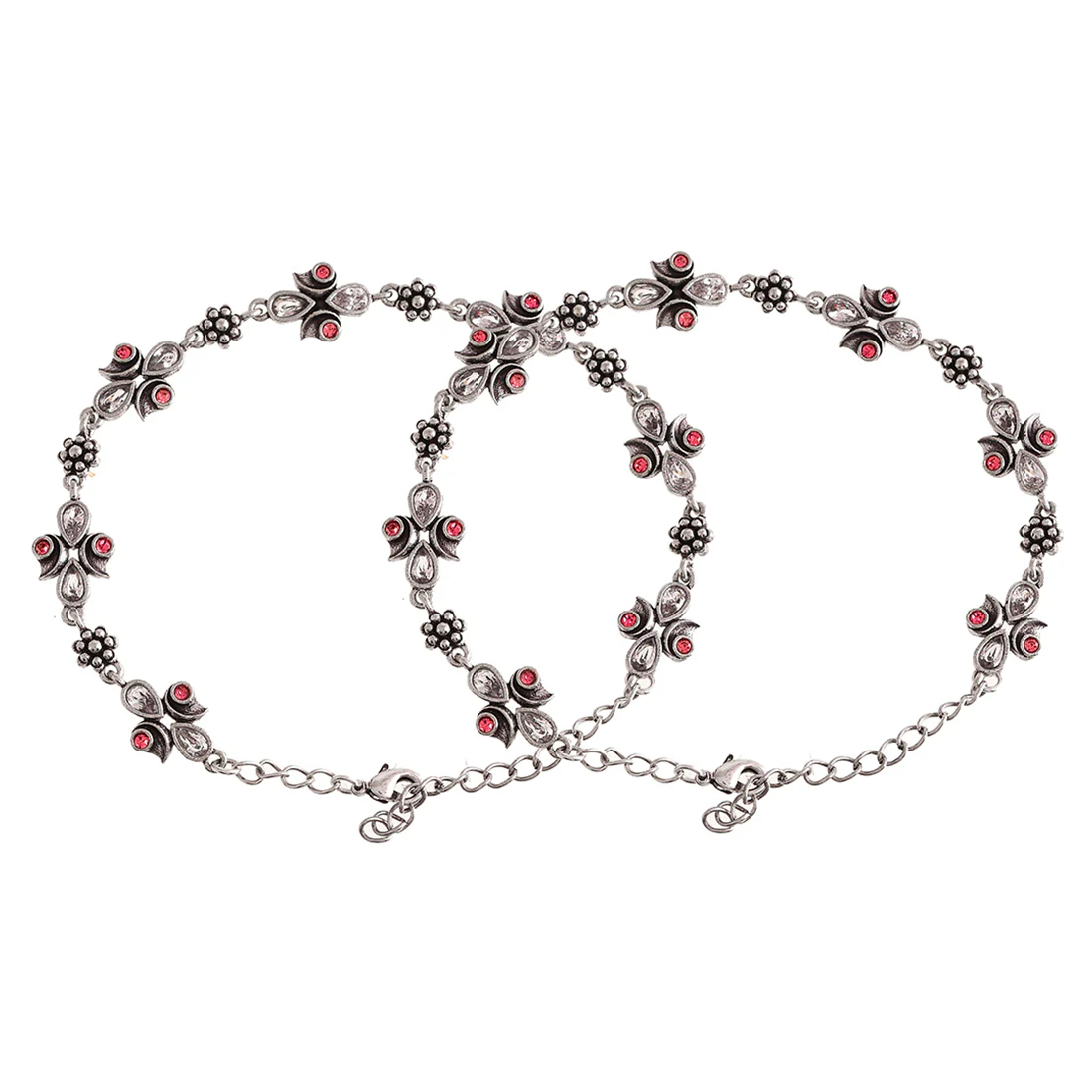 Abharan Silver Plated Pink and White Stones Anklets - Image 5